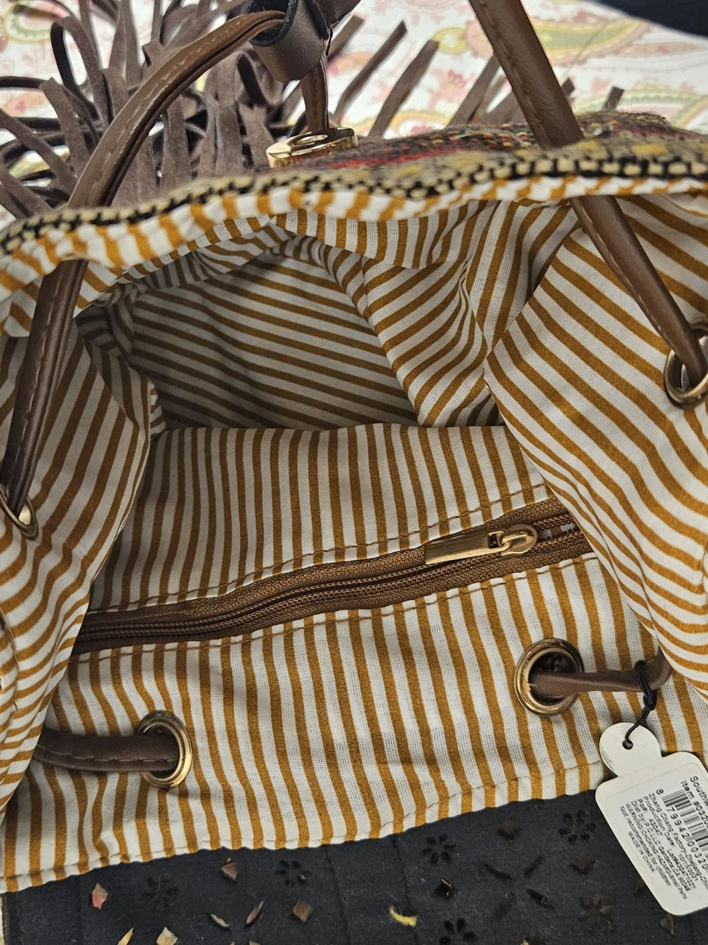 Fringed Brown Multi-Color Woven Crossbody Bag